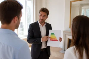 Agent immobilier expliquant la lettre DPE d'un logement, document à la main.