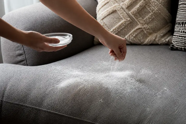 Saupoudrage délicat de bicarbonate de soude sur un canapé en tissu
