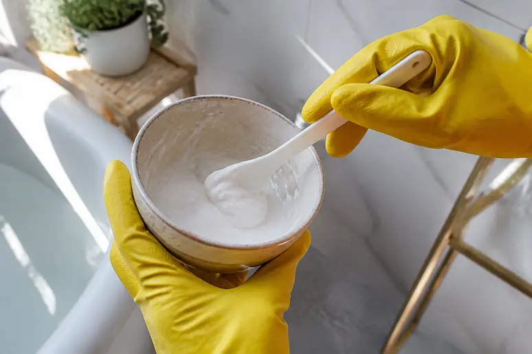 Préparation d'une pâte épaisse de bicarbonate et d'eau oxygénée pour nettoyer un carrelage jauni