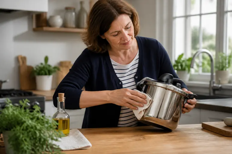 Une femme française polit sa cocotte-minute en inox avec de l'huile d'olive pour raviver l'éclat et nettoyer cocotte minute inox.