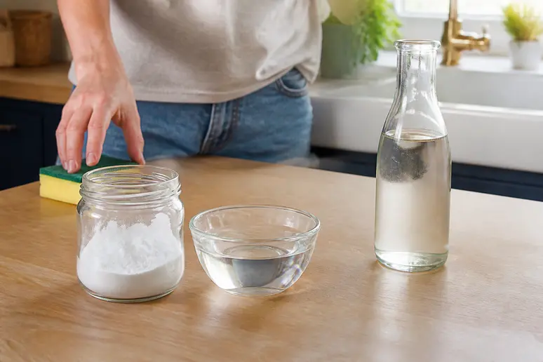 Produits de nettoyage séparés pour nettoyer cocotte minute inox: bicarbonate de soude et vinaigre blanc.