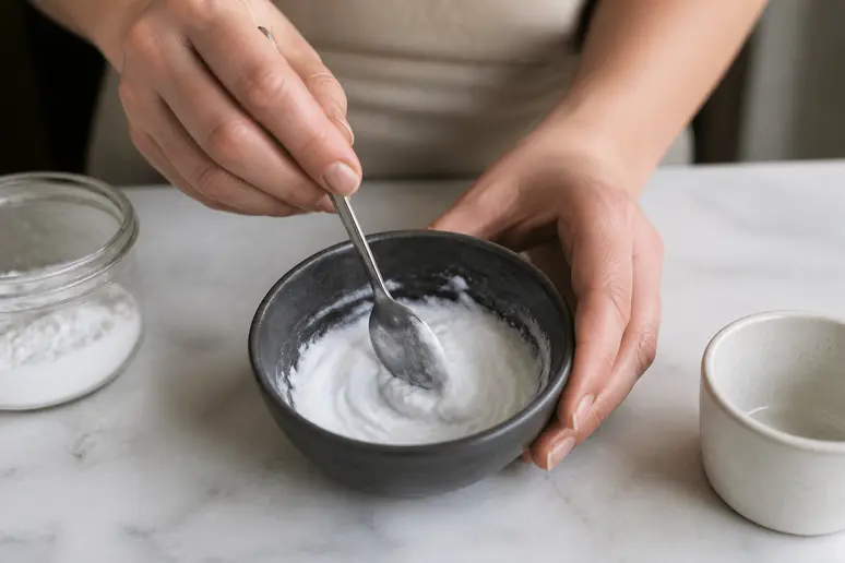 Mains préparant une pâte de bicarbonate et d'eau pour nettoyer four sans pyrolyse.
