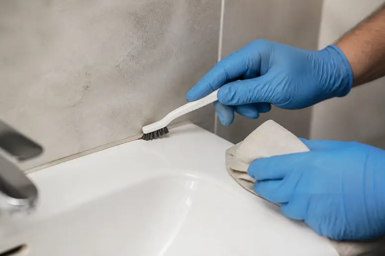 Mains gantées nettoyant un joint en silicone avec une brosse, geste préventif.