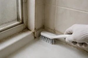 Nettoyer joint silicone envahi par la moisissure dans une salle de bain moderne, avec une brosse.