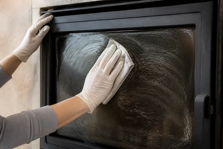 Nettoyer une vitre d'insert cheminée avec un chiffon doux pour éviter les rayures.