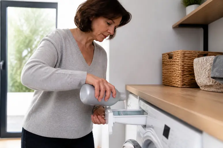 Une femme verse de l'anti-calcaire Calgon dans le bac de la machine à laver.