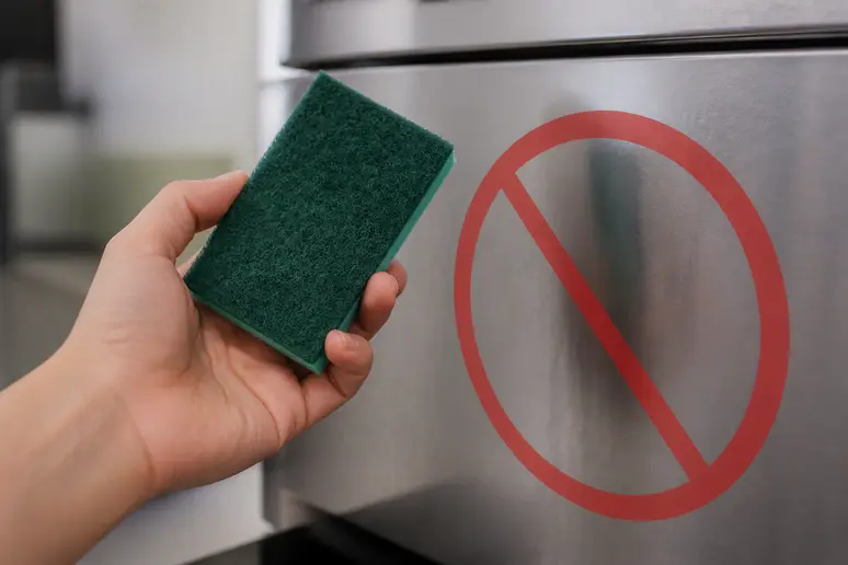 Main montrant une éponge abrasive, produit à proscrire pour nettoyer inox et causer des rayures.