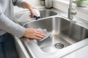 Main d'une personne utilisant un produit pour nettoyer l'inox d'un évier de cuisine sans laisser de traces.