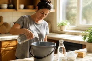 Fabrication d'un produit vitre maison : une femme prépare son mélange dans une cuisine lumineuse.