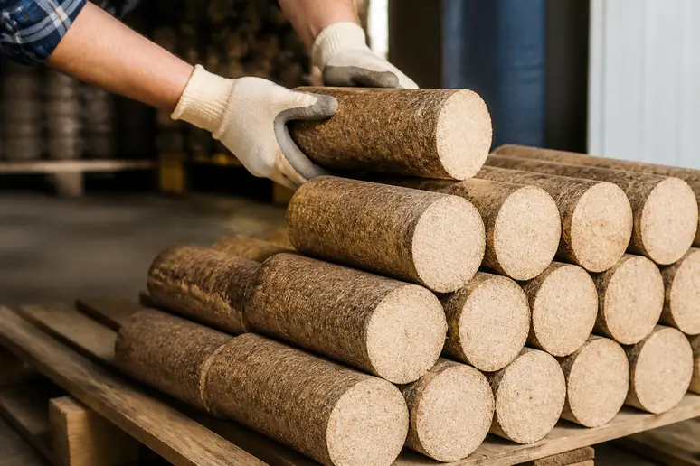 Manutention de bûches compressées pour un tableau classement bois de chauffage alternatif et dense.