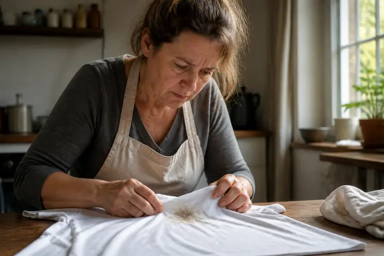 Femme examinant une tache de gras sur un t-shirt déjà lavé bicarbonate