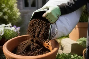 Jardinier versant du terreau pour sol dans un pot de fleurs en terre cuite