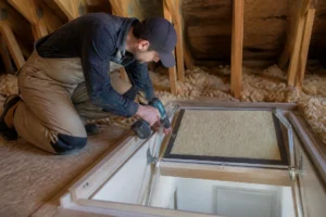 Installateur ajustant une trappe comble isolée dans un grenier, garantissant l'étanchéité.