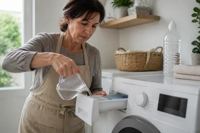 Femme versant du vinaigre ménager machine à laver dans le compartiment lessive.