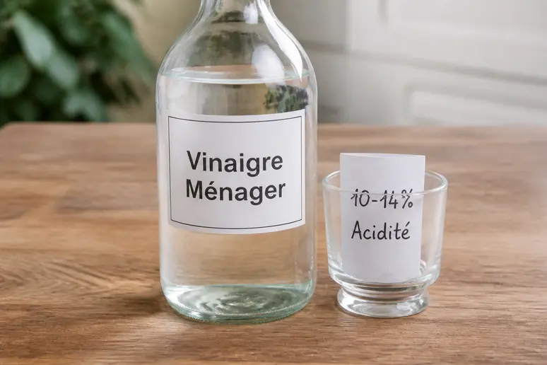Bouteille de vinaigre ménager machine à laver, indication du taux d'acidité.