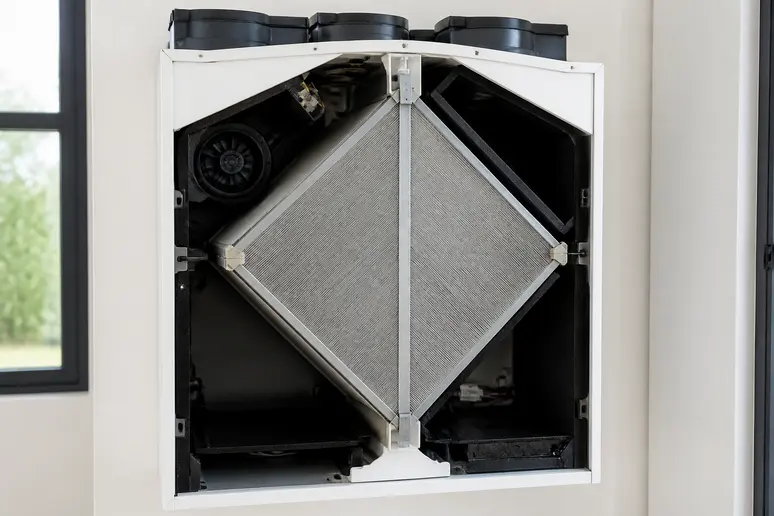 Échangeur de chaleur d'une VMC double flux récupérant l'énergie de l'air vicié.
