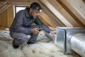 Un technicien installe une VMC dans les combles, vérifiant le système de ventilation.