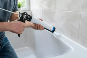 Personne appliquant un nouveau joint pour blanchir joint silicone autour d'une baignoire