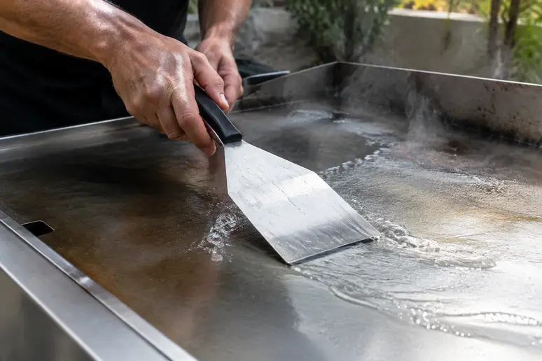 Spatule en inox poussant de l'eau sur une plancha chaude lors du nettoyage.