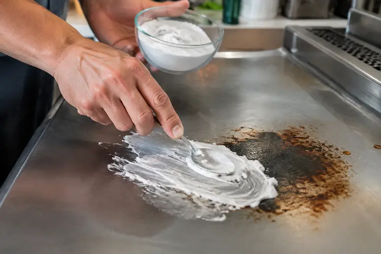 Application de bicarbonate de soude sur une plaque de plancha en inox encrassée.