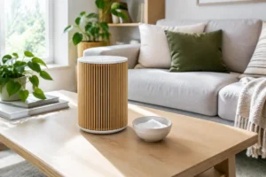 Un élégant destructeur d'odeur moderne posé sur une table basse dans un salon lumineux.