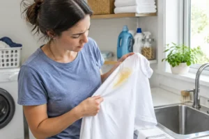 Une personne examine un vêtement tâché pour savoir comment enlever tache creme solaire efficacement.