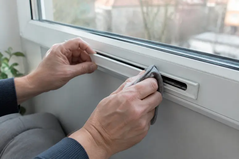 Entrée d'air sur menuiserie de fenêtre en PVC installée dans une pièce à vivre.