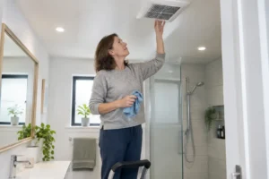 Propriétaire vérifiant une bouche d'extraction pour comprendre les problèmes d'humidité et vmc dans la salle de bain.