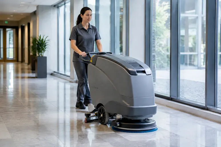 Opérateur guidant une autolaveuse professionnelle à batterie dans un couloir d'immeuble