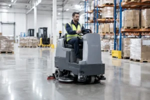 Un opérateur en gilet de haute visibilité conduit une grande laveuse de sol professionnel dans un entrepôt logistique moderne.