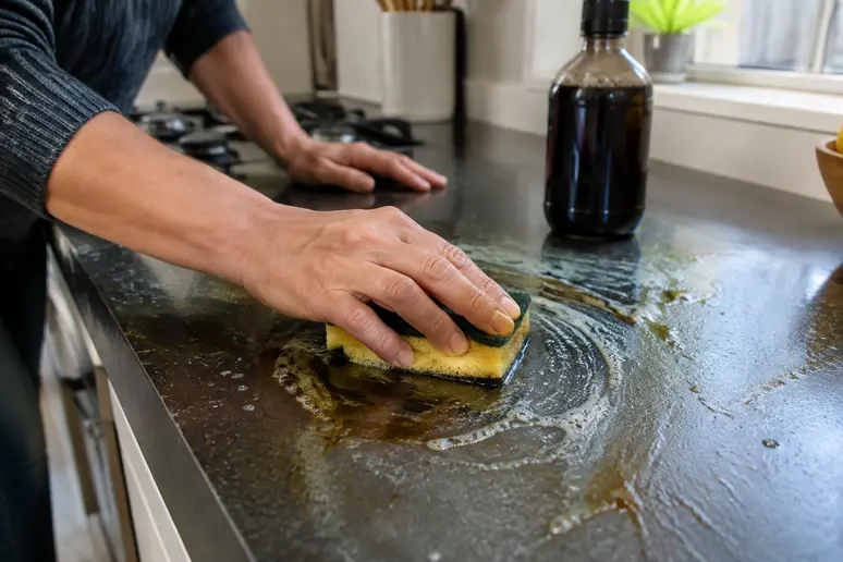 Mains nettoyant un plan de travail avec du savon noir pour dégraisser la surface