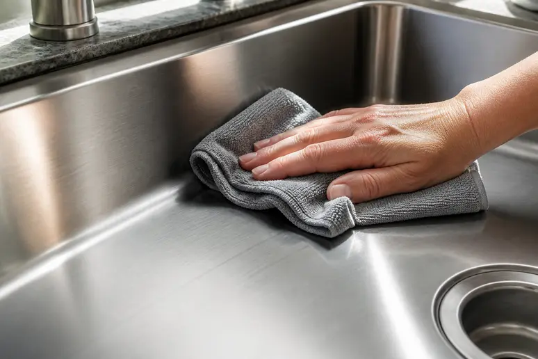 Mains nettoyant un évier en inox avec une microfibre en suivant le sens du grain