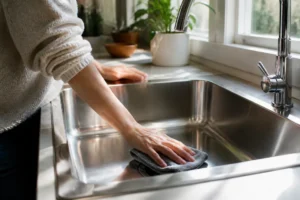 Geste minutieux pour nettoyer evier inox avec un chiffon doux dans une cuisine lumineuse