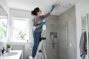Une personne sur un escabeau utilise une éponge pour nettoyer moisissure plafond salle de bain de manière efficace.