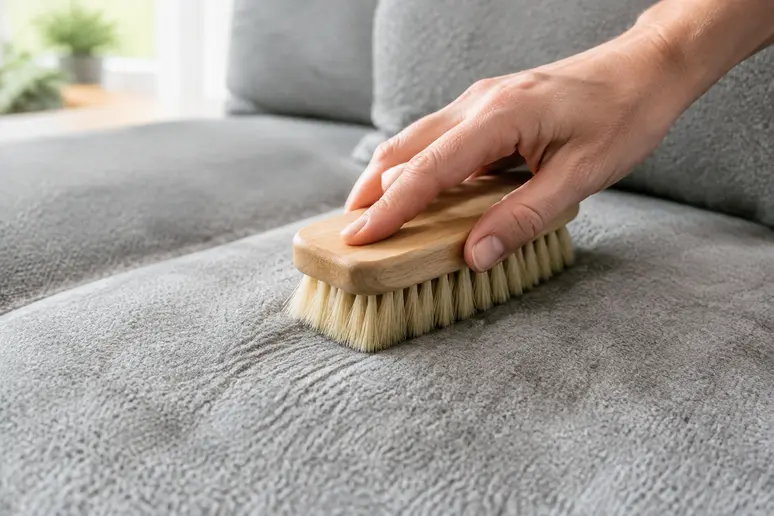 Brossage doux et manuel des fibres d'un canapé en microfibre après le séchage pour éviter les traces
