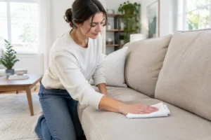 Une personne utilise un chiffon blanc pour nettoyer un canapé en microfibre beige dans un salon.