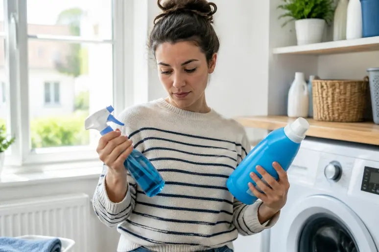 Personne comparant un produit lave-linge en gel et un format spray pour limiter l'exposition