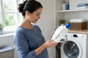 Une personne lit attentivement l'étiquette d'un produit lave linge dans une buanderie lumineuse.