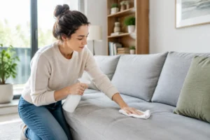 Un produit nettoyer canapé est appliqué sur un tissu moderne lors de son entretien domestique