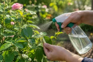 Un jardinier applique délicatement de l'eau sur les feuilles d'un savon noir rosier en plein air.