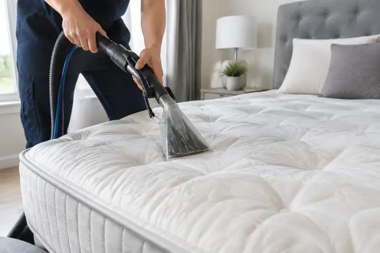 Embout d'une machine d'injection-extraction posé sur un grand matelas pour un nettoyage en profondeur.