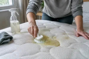 Une personne nettoie soigneusement une tache matelas jaune persistante avec une brosse et un produit adapté dans une chambre.