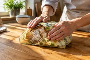 Utilisation d'un tissu cire d abeille pour envelopper du pain frais dans une cuisine lumineuse.
