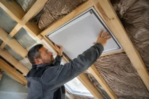 Pose d'une trappe isolante comble étanche à l'air dans les combles d'une maison.