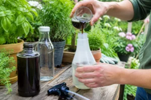 Un flacon pulvérisateur et un anti puceron savon noir vinaigre dosage en action de préparation dans un jardin.