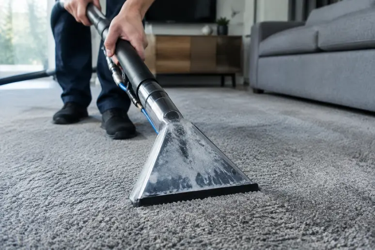 Utilisation d'une autolaveuse moquette pour aspirer l'eau sans détremper la fibre textile.
