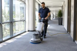 Utilisation d'une autolaveuse moquette professionnelle dans un couloir d'entreprise moderne.