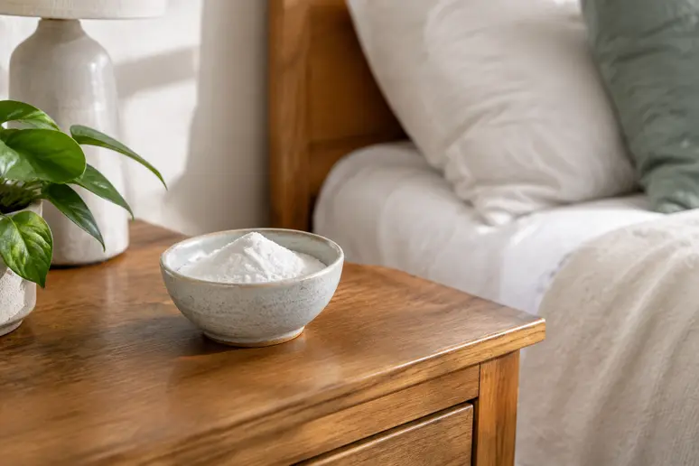 Petit bol rempli de bicarbonate de sodium posé sur un meuble pour neutraliser les odeurs de moisi.