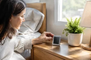 Une personne vérifie le taux d'humidité pour savoir comment enlever odeur de moisi dans une chambre
