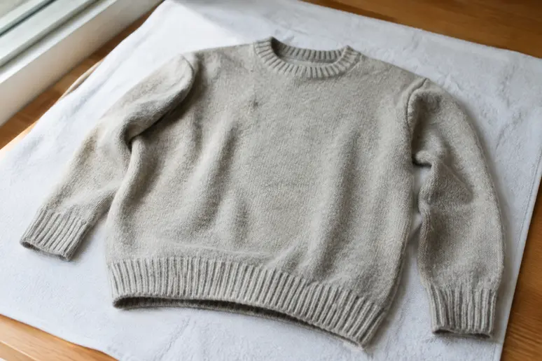 Séchage à plat d'un pull en laine propre sur une serviette pour préserver la maille